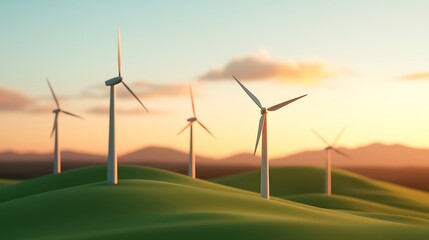 Wind Turbines on Rolling Green Hills Generating Power at Sunset, a Sustainable Environment Illustration.