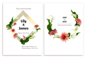 Wedding invitation. Tropical flower wreath. Calla lilies. Green leaves. Floral background. Postcard. Pink dahlia. Tropical flowers. © Nataliia