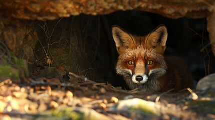 Naklejka premium A red fox peeks out from its den, its sharp eyes focused, amidst earthy tones and natural textures.