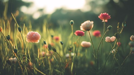 Vibrant Pink and White Flowers Blooming in a Sunlit Green Field During Spring Season : Generative AI