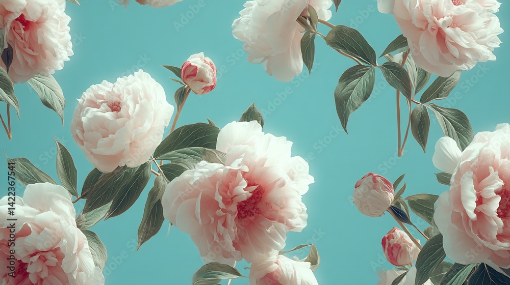 Poster soft and elegant peony flowers arranged beautifully against a turquoise background creating a vibran