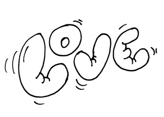 Hand-drawn cartoon-style typography of the word LOVE with playful, organic letterforms. Great for Valentine's Day graphics, kids&rsquo; apparel, sticker design, greeting cards, and romantic social media con