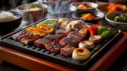 Grilled Korean BBQ with Meat and Vegetables
, Close-up of Korean BBQ with grilled meat and vegetables on a sizzling plate, accompanied by side dishes and rice.
