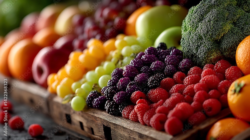 Aufkleber Vibrant assortment of fresh colorful fruits and vegetables displayed on a rustic wooden crate in a market setting : Generative AI