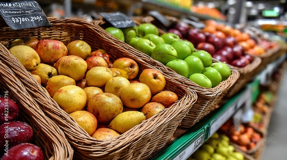 Poster Fresh assorted fruits in wicker baskets beautifully displayed at a vibrant market with bright colors : Generative AI