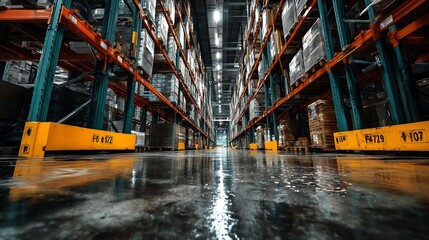 View of a modern warehouse interior showcasing tall shelves with storage pallets and a shiny wet floor : Generative AI