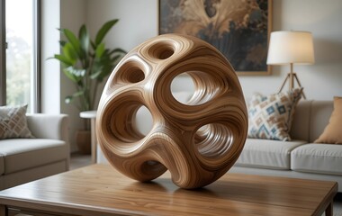 Organic shaped wooden sculpture sitting on a coffee table in living room, modern wooden sculpture placed on table for decor piece