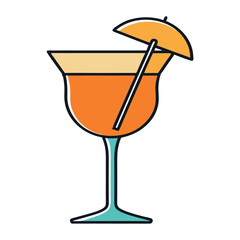 Vector illustration of a cocktail glass with a colorful cocktail, featuring fruits like orange and lemon, set in a party atmosphere with ice, symbolizing celebration and a cold, refreshing drink