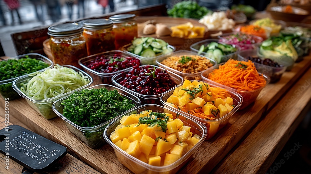 Aufkleber vibrant selection of fresh vegetables and ingredients displayed on a wooden table ready for meal pre