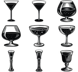A vector set features silhouette icons of a wineglass, a regular glass, and other drink cups, ideal for bar or restaurant design and illustrating various beverages like wine, cocktails, beer, and cham
