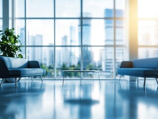 Bright modern office interior with sofas, plant, and city view through large windows creating a serene and productive atmosphere in a contemporary workspace