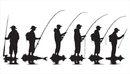 Silhouette vector illustration of a group of people and a lone fisherman with a rod on the water, suggesting leisure and a contrast in people's hobbies