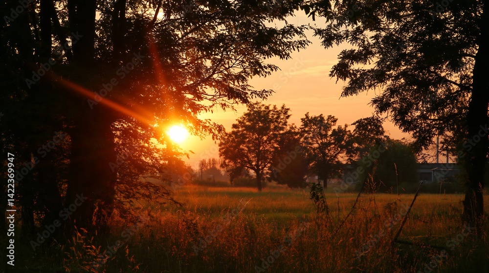 Poster Beautiful golden sunset shining through trees in a serene countryside setting : Generative AI