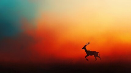Digital illustration of a deer running in a field at sunset. the background is a gradient of orange, yellow, and blue, with the sun setting in the top right corner.