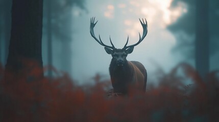 Photograph of a deer standing in a forest. the deer is facing the camera and its head is turned slightly to the side. it has large, pointed antlers that are spread out in all directions.