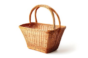 Fototapeta premium Wicker Basket with Handles, Isolated on White, Rustic Weave, Handmade Brown Container