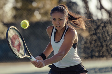 Focused young Asian female tennis player preparing to hit a backhand shot on an outdoor court during a sunny day, showcasing athleticism, determination and action.
