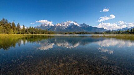Obraz premium Landscape photograph of a beautiful mountain range reflected in a calm lake.