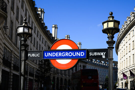London, UK - April 3, 2025; Iconic London Underground roundel symbol against Regents Street