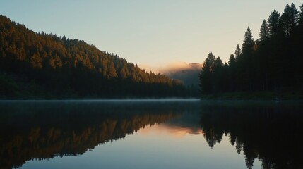 Fototapeta premium Landscape photograph of a lake surrounded by trees. the lake is calm and still, reflecting the trees and the sky.