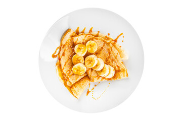 Crepes banana syrup pancakes breakfast dish dessert organic product fresh tasty gourmet food background on the table rustic food top view copy space