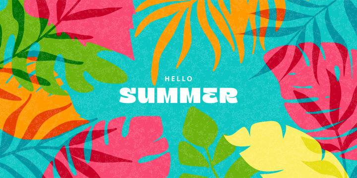 Bright summer background with tropical leaves and orange. Rich colors, abstract style. Perfect for websites, social networks and promotional materials.