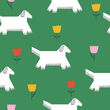 Seamless pattern with white dogs and tulips. Vector hand drawn illustration.