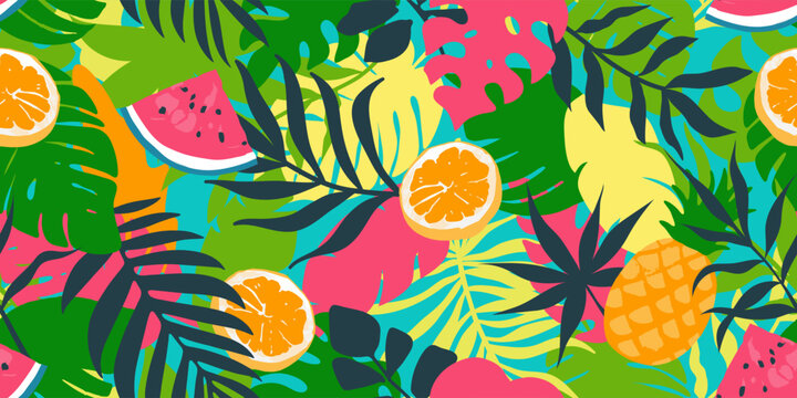 Seamless tropical pattern with colorful fruits and jungle leaves. Includes watermelon, orange, pineapple, and exotic foliage. Bright, fun, summer vibe for fabric, wallpaper, or wrapping.
