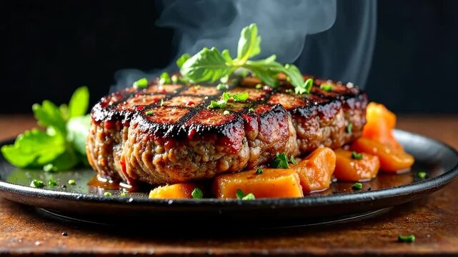 4k footage of a juicy, steaming steak lying on a table.
