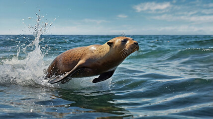 Fototapeta premium Sea lion leaping from ocean waves on a sunny day