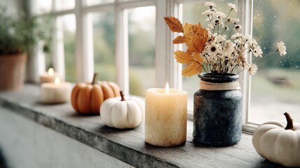 Autumnal Windowsill Still Life  Pumpkins  Candles  Flowers