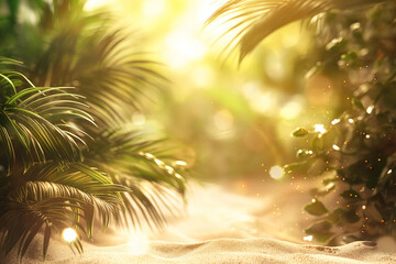 Sunlight filters through jungle canopy over sandy beach. Exotic paradise vacation concept.

