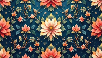 Elegant damask floral pattern, intricate vines & blossoms, pattern, graphics