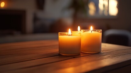 Three burning candles on wooden table cozy romantic warm evening atmosphere spa home glow fire heat