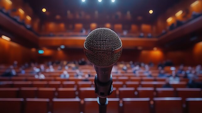 Microphone in large auditorium with blurred audience in background. Focus on public speaking and performance. Celebrating National Speech and Debate Education Day