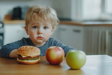 Fototapeta premium Toddler boy at kitchen table choosing between hamburger and organic apple for healthy lifestyle