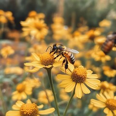 Close up of bee pollinating vibrant yellow wildflowers