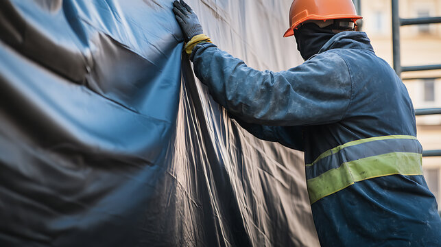 Construction Worker Installing Protective Tarp