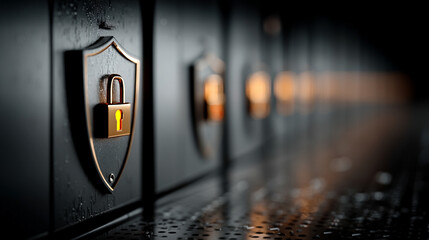 Minimalistic shiny metal shield with padlock icon symbolizes cybersecurity data protection and digital privacy on a dark blurred server background representing modern secure technology concept

