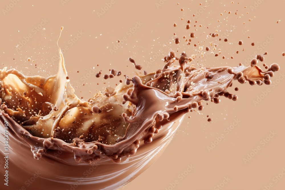 Poster dynamic chocolate splash with droplets on a soft beige background creating a visually appealing and 