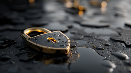 Minimalistic shiny metal shield with padlock icon symbolizes cybersecurity data protection and digital privacy on a dark blurred server background representing modern secure technology concept

