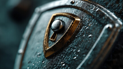 Minimalistic shiny metal shield with padlock icon symbolizes cybersecurity data protection and digital privacy on a dark blurred server background representing modern secure technology concept

