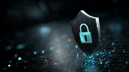 Minimalistic shiny metal shield with padlock icon symbolizes cybersecurity data protection and digital privacy on a dark blurred server background representing modern secure technology concept

