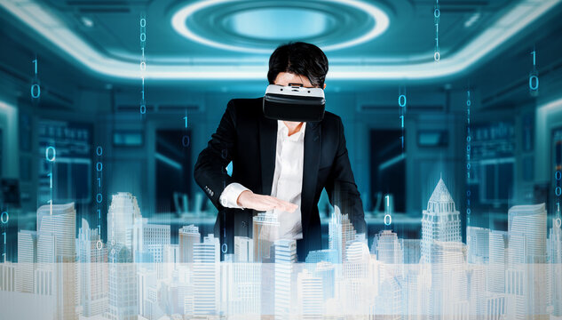 Business man wearing augmented reality glasses while looking at building simulated with glowing color. Project manager planning for investment while inspecting financial business city. Ingenuity.