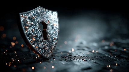 Minimalistic shiny metal shield with padlock icon symbolizes cybersecurity data protection and digital privacy on a dark blurred server background representing modern secure technology concept

