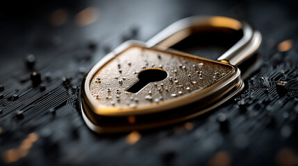 Minimalistic shiny metal shield with padlock icon symbolizes cybersecurity data protection and digital privacy on a dark blurred server background representing modern secure technology concept

