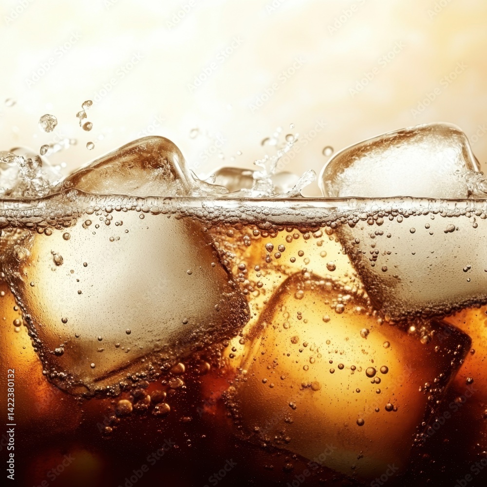Poster refreshing cola with ice cubes and bubbles creating a dynamic and visually appealing composition bev