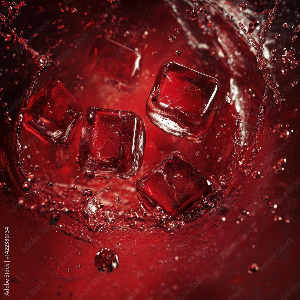 Poster refreshing ruby red liquid swirling around translucent ice cubes in a dynamic splash scene closeup