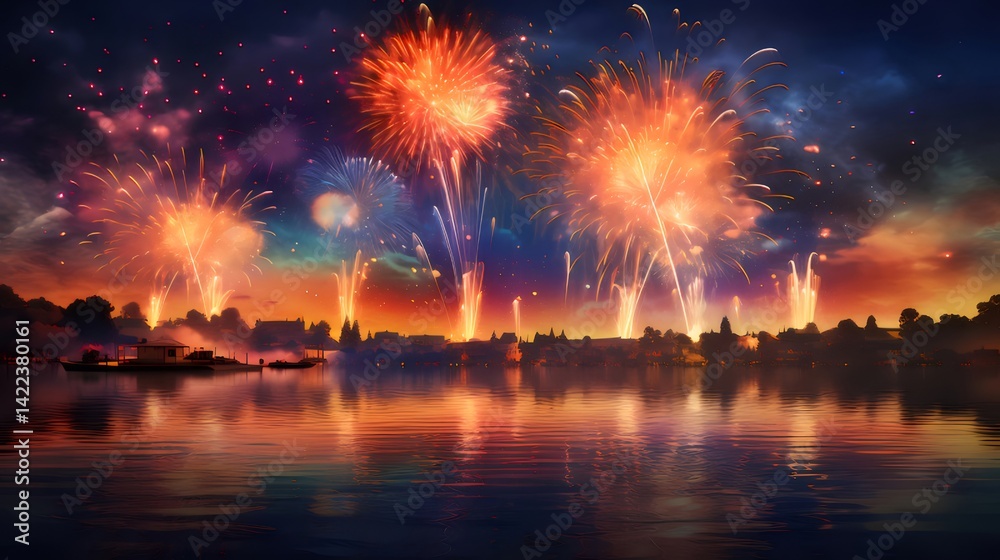 Aufkleber 夏の夜空に輝く花火大会 水面に映るカラフルな光の饗宴 美しい夜景 都市のシルエットと祝祭の雰囲気