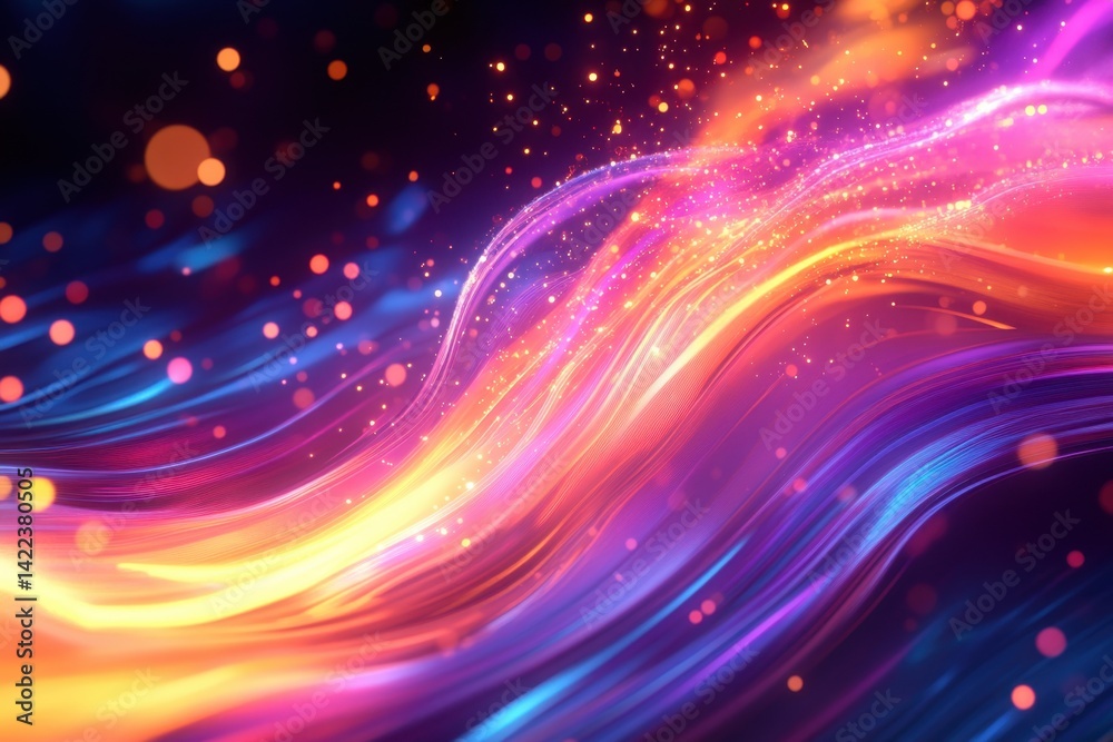 Poster energetic abstract background with vibrant colorful waves and sparkling particles creating a dynamic